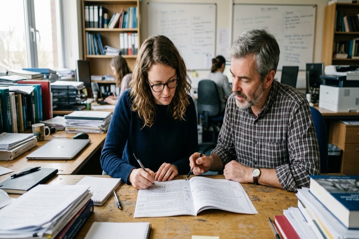 Two colleagues marking up an open printed questionnaire together at a cluttered desk lined with binders and books