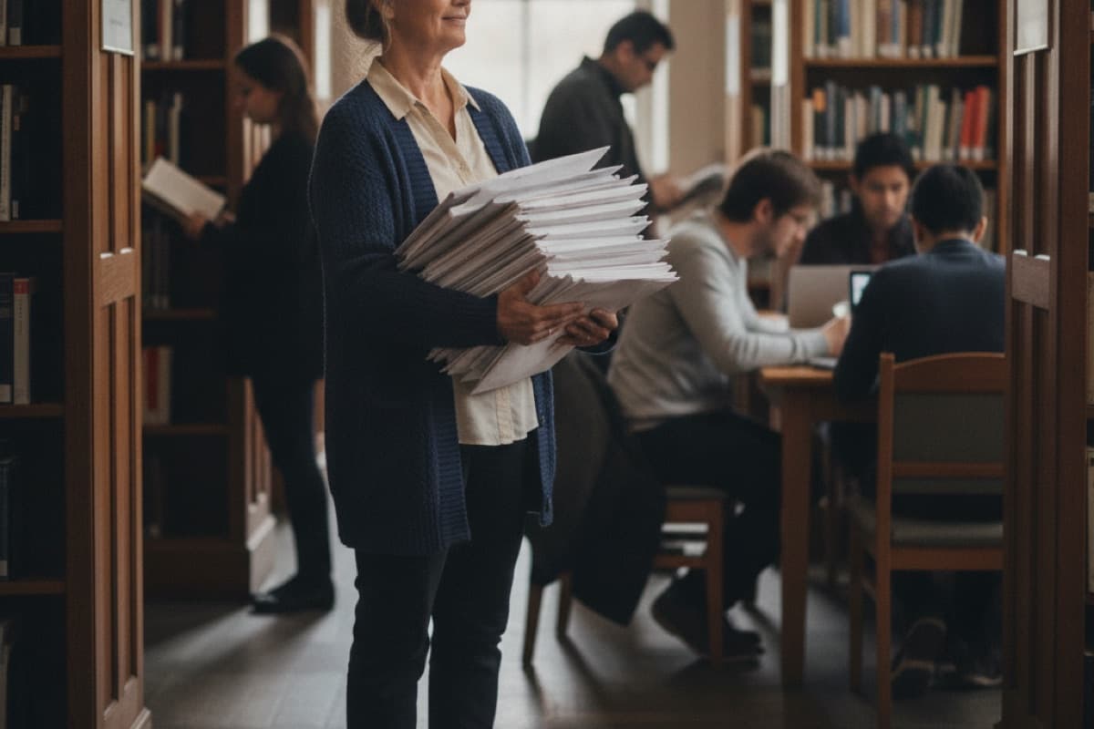 A gray-haired woman carrying a thick stack of envelopes through a library reading room, other people at tables and shelves behind her