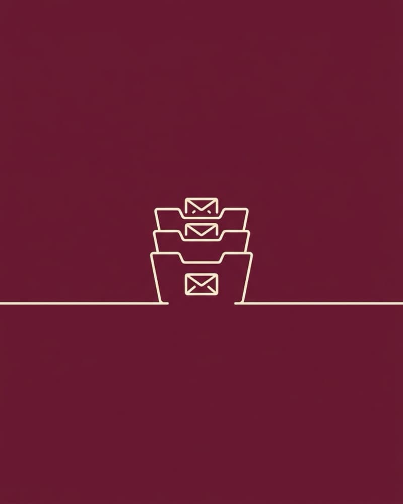 Line-icon cover art in cream on a dark maroon background: three stacked mail trays holding envelopes