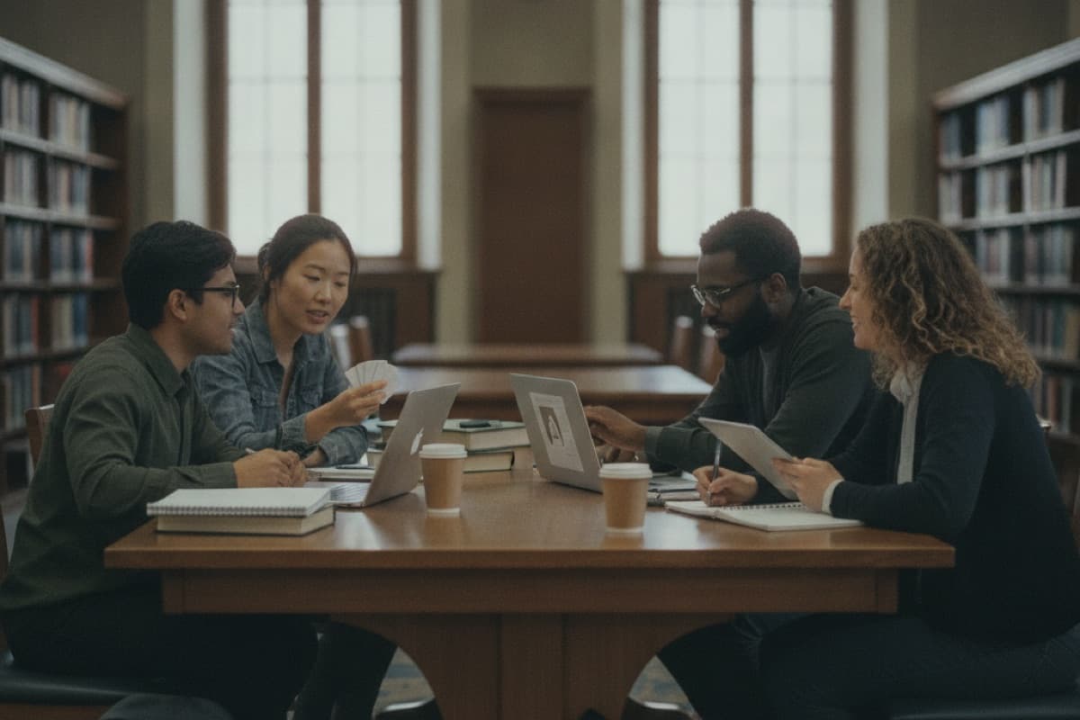 Four colleagues with flashcards, laptops, and coffee cups studying together at a table in a library