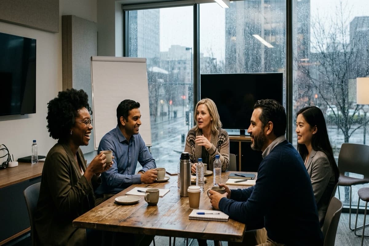 Five colleagues laughing over coffee at a wooden table beside rain-streaked windows overlooking a city street
