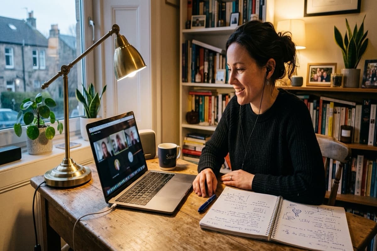 A woman on a video call at a home desk