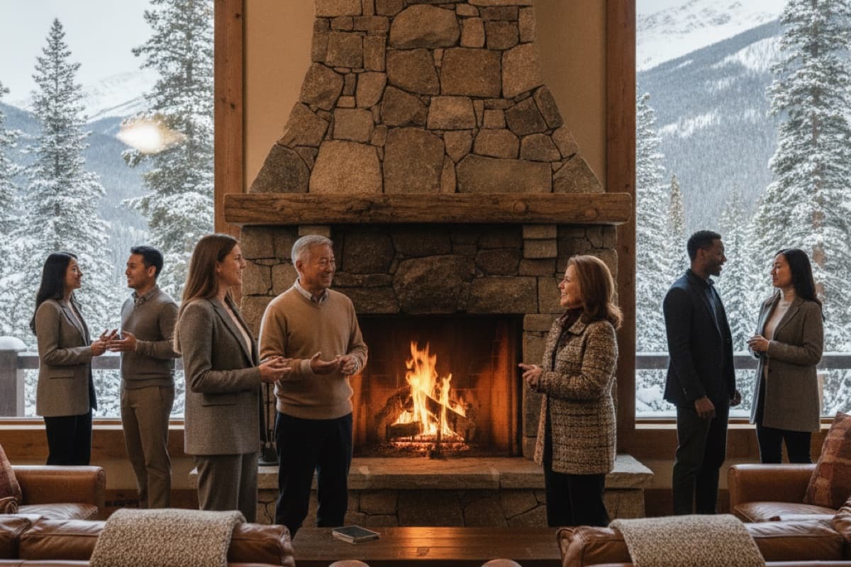 Seven colleagues in small groups talking beside a large stone fireplace
