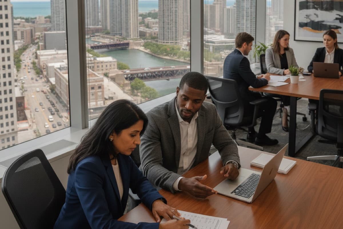 Two colleagues reviewing a document on a laptop in a high-rise office overlooking a river and city skyline