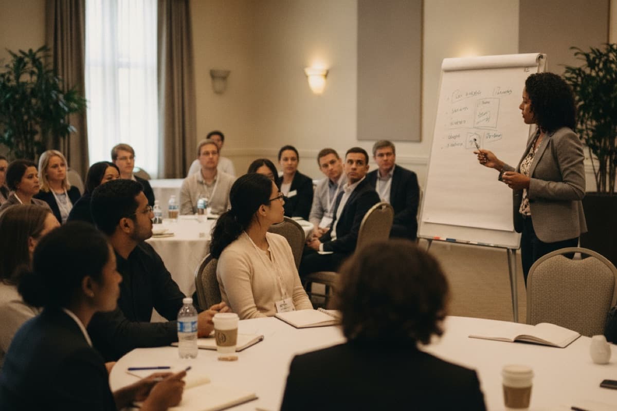 A woman presenting beside a flip chart to a seated group at round tables in a hotel breakout room