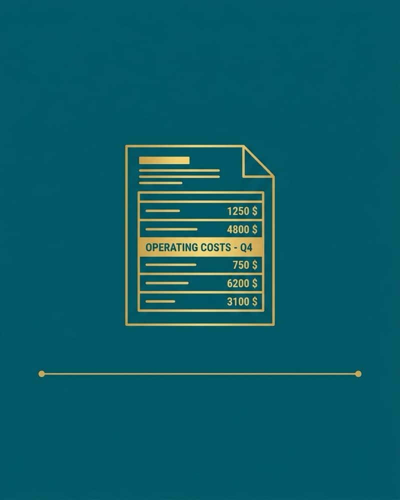A teal cover with a gold line-art icon of an invoice listing dollar figures beside a row labeled "Operating Costs - Q4"