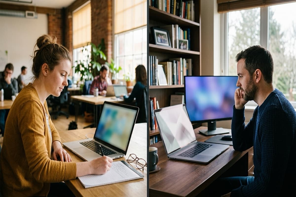 Split image of a woman writing at a laptop in a brick-walled co-working space and a man on a video call at a home-office desk lined with books