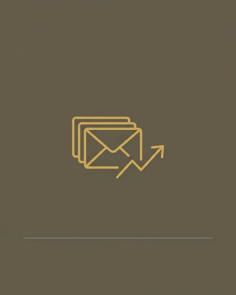 Line-icon cover art in gold on an olive background: a stack of envelopes beside an upward-trending arrow line