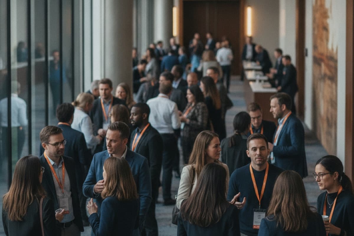 A crowded conference hallway between sessions