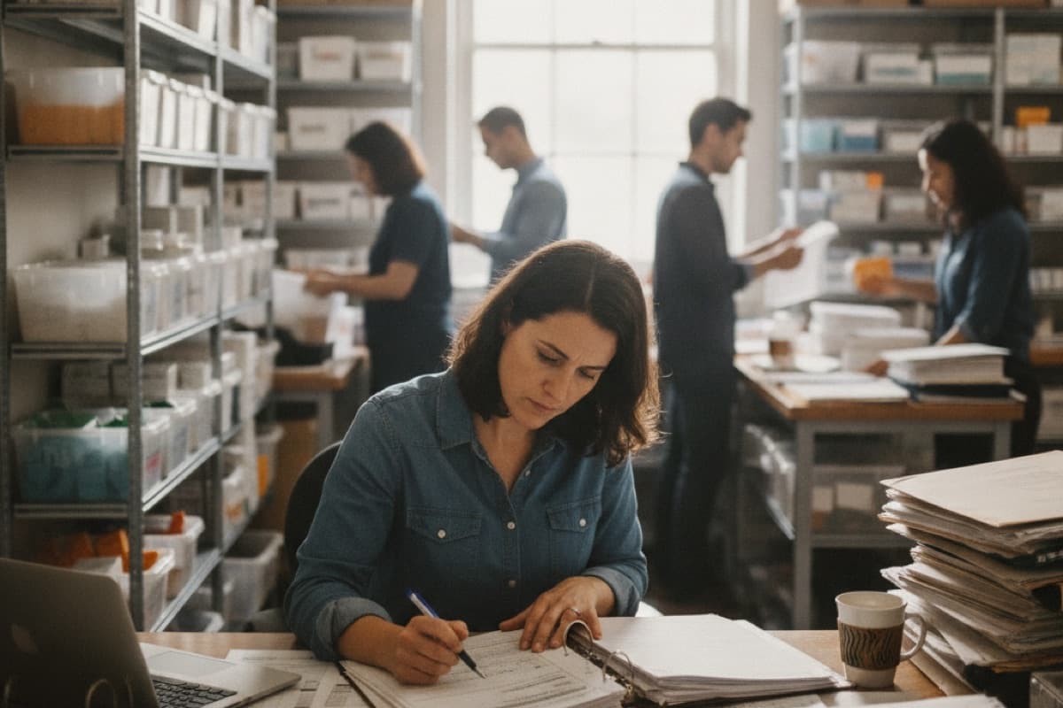 A woman writing in a binder of records at a desk in a back-office storage room lined with shelves of supply bins, colleagues working behind her