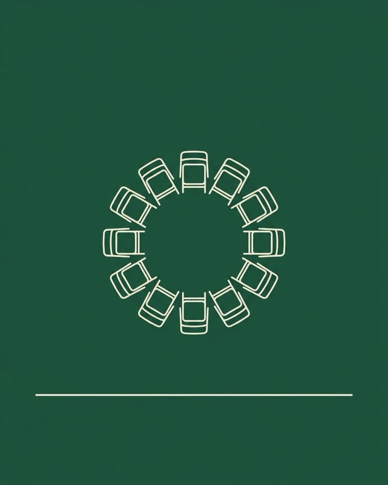 Line-icon cover art in cream on a dark-green background: folding chairs arranged in a ring