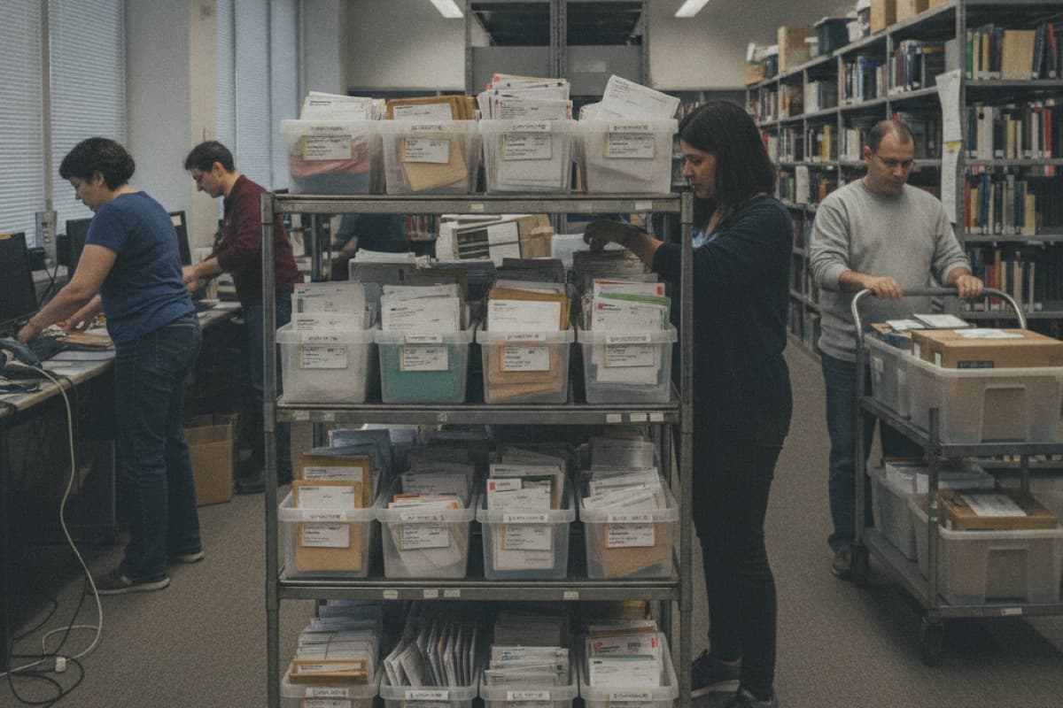 Staff sorting labeled bins of mail on shelving carts in a back-office records room lined with books