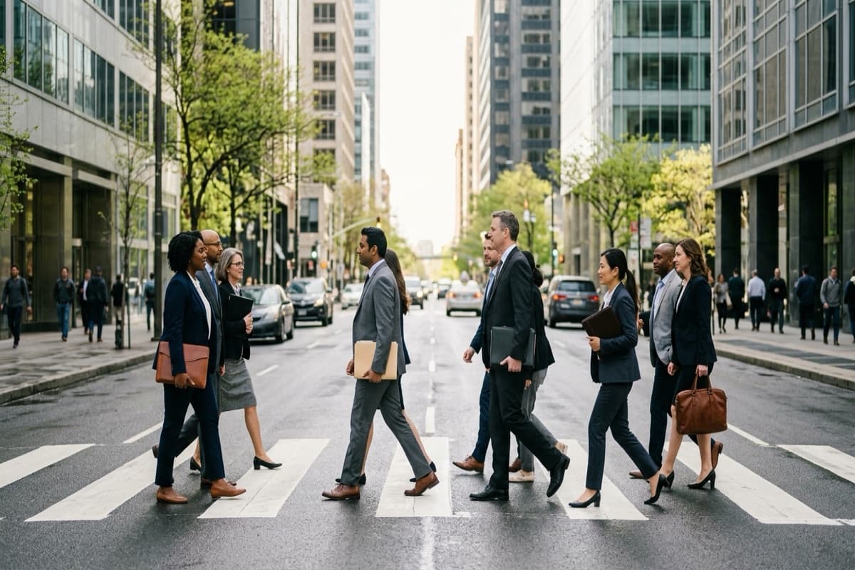 A group in business attire crossing a downtown crosswalk carrying folders and bags, office towers on both sides