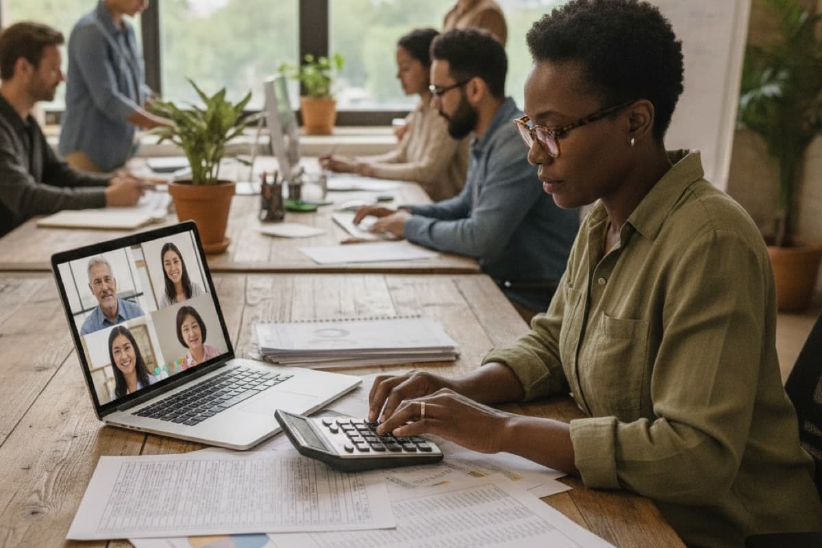 A woman typing on a calculator beside printed spreadsheets, laptop open to a four-person video call, colleagues working at a long table behind her