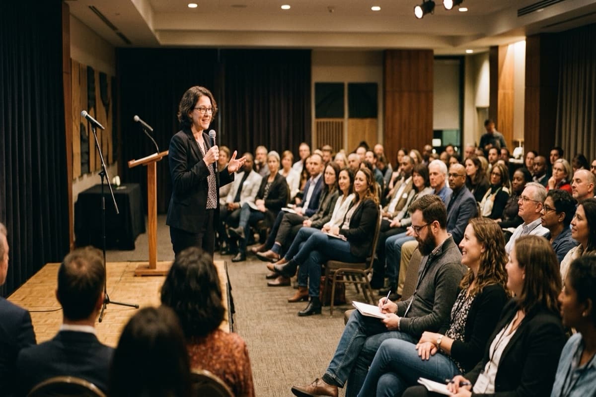 A woman speaking at a podium with two microphones, gesturing to a large seated audience taking notes in a dim conference room