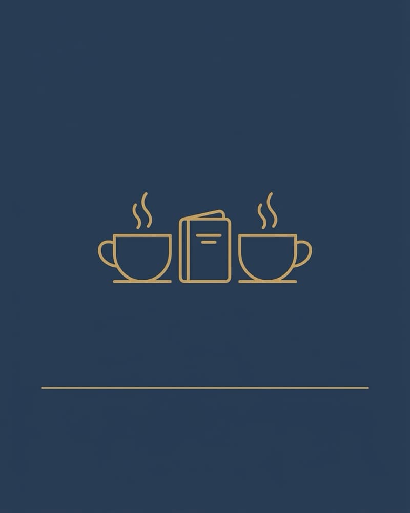 Line-icon cover art in gold on a navy background: two steaming coffee cups flanking a small notebook