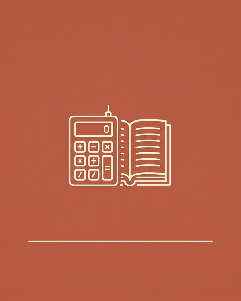 Line-icon cover art in cream on a terracotta background: a calculator beside an open ledger book