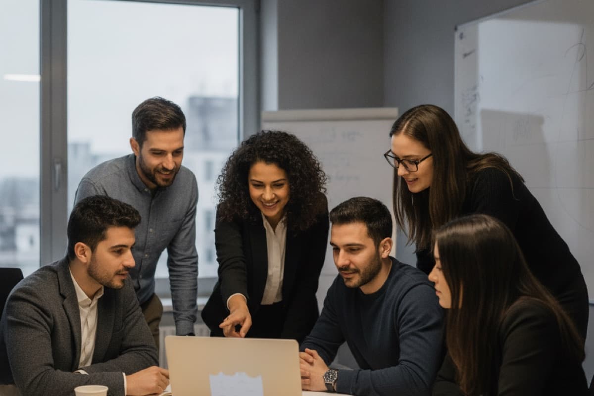 Six colleagues gathered around a laptop in an office