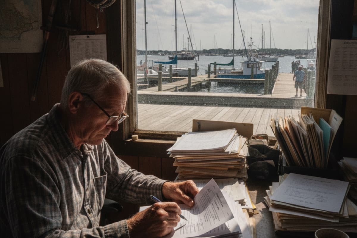 An older man in glasses reviewing paperwork at a cluttered desk in a harbor office, sailboats and a dock visible through the window