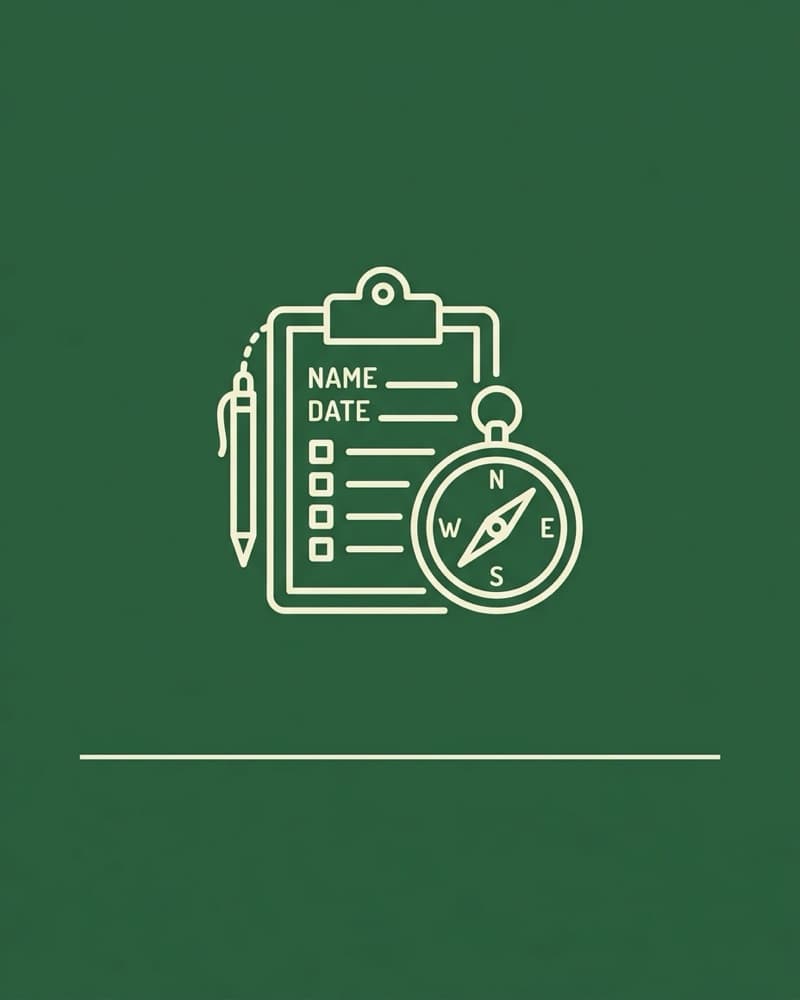 Line-icon cover art in cream on a dark green background: a clipboard labeled NAME and DATE with checkboxes, a pencil on a cord, and a compass