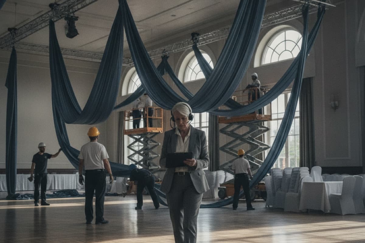 A silver-haired woman with a headset reading a tablet while walking through a grand ballroom