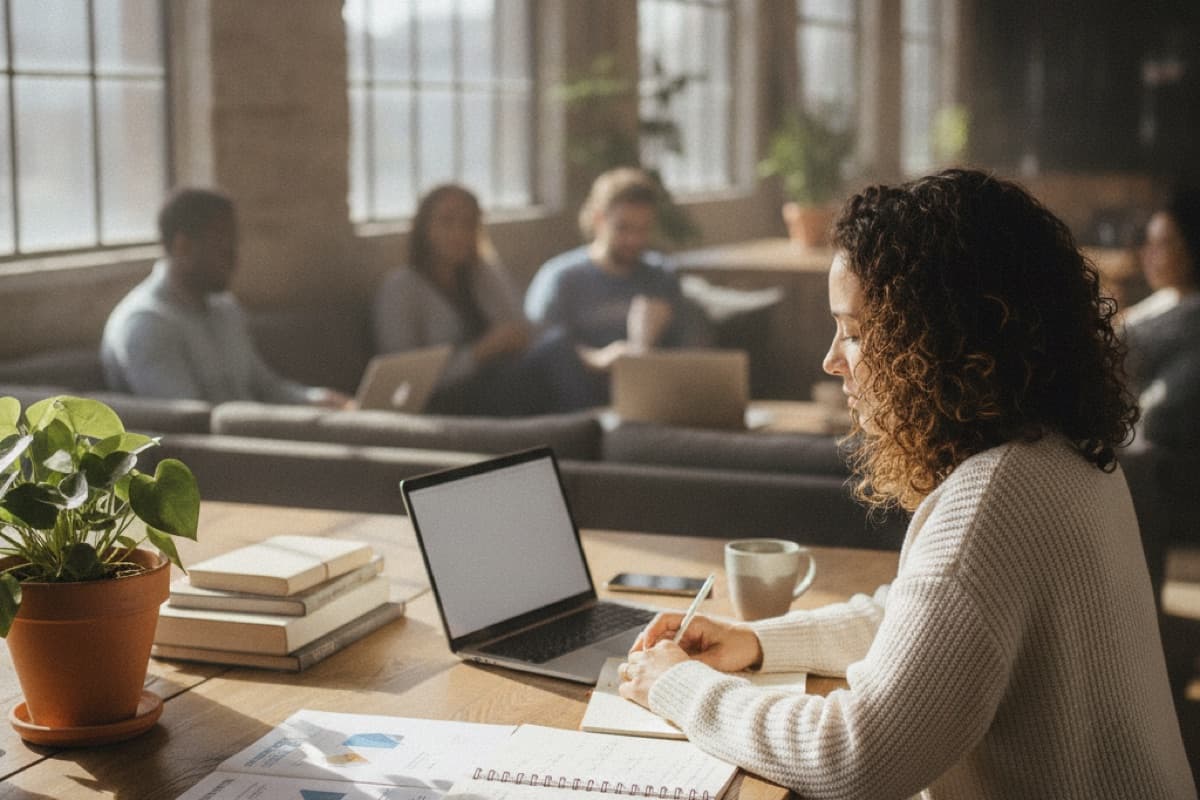 A woman with curly hair writing in a notebook beside an open laptop at a sunlit co-working table, colleagues on couches behind her