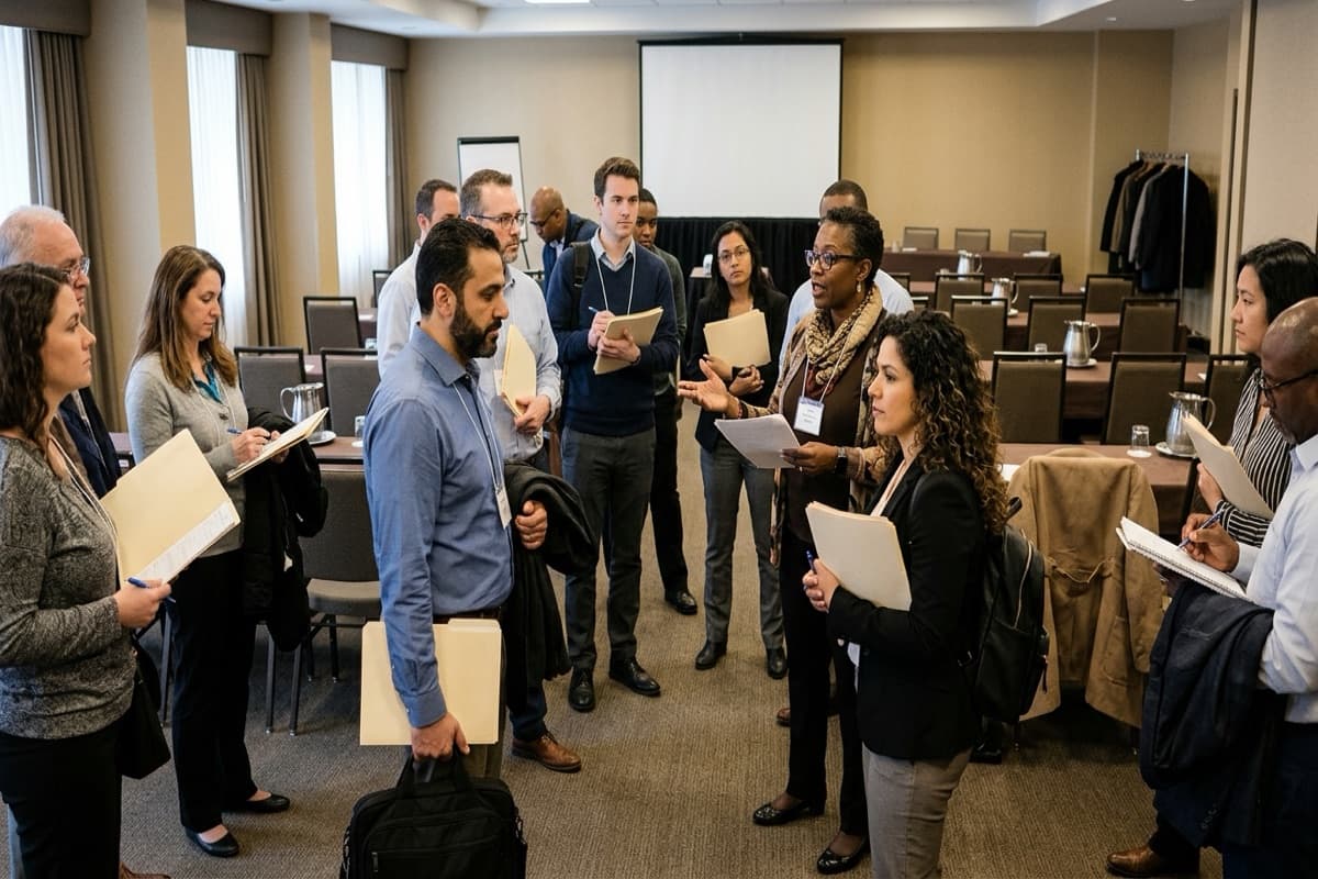 A group standing and talking with folders and notebooks in a conference room set up with a projector screen and rows of chairs