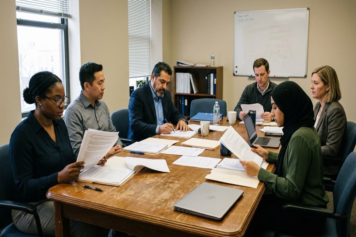 Six colleagues reviewing printed memos around a conference table with a laptop and a whiteboard behind them