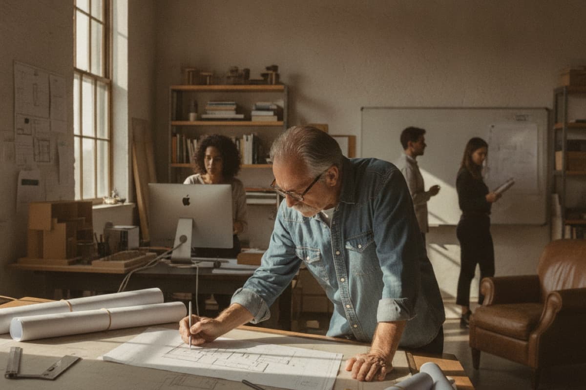 A gray-haired man in glasses and a denim shirt marking up blueprints at a drafting table, with rolled plans and a bookshelf behind him