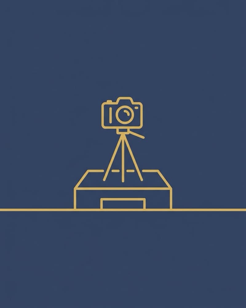 Line-icon cover art in gold on a dark navy background: a camera on a tripod set on a small stage riser