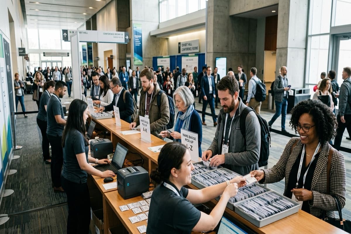 Attendees picking up name badges at a long registration counter in a busy convention concourse