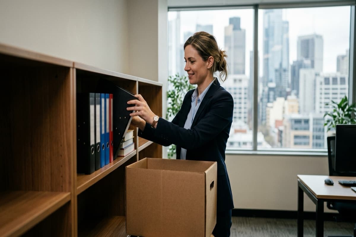 A woman in a blazer placing a binder from a bookshelf into a cardboard box