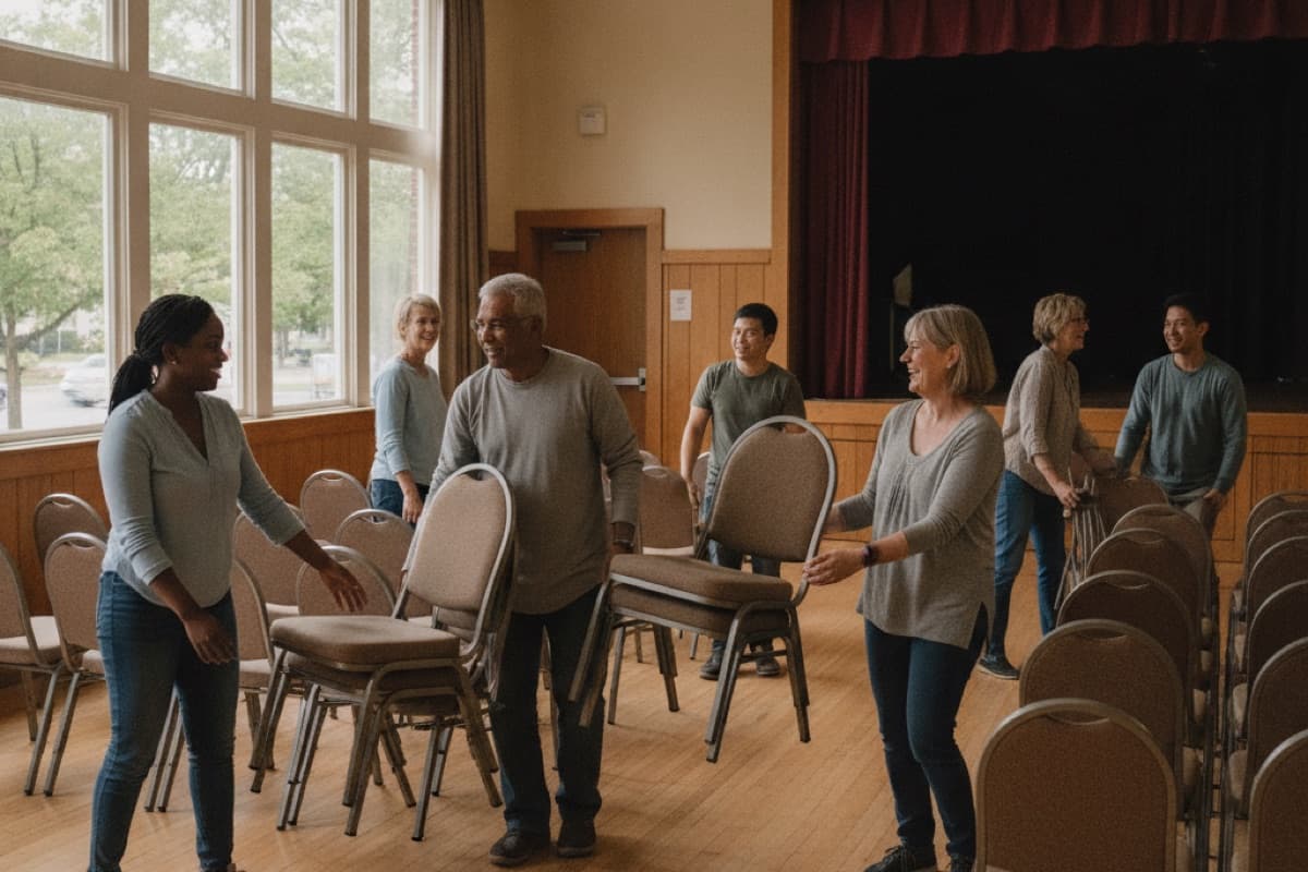 Six volunteers laughing while stacking and arranging folding chairs in a community hall with a stage