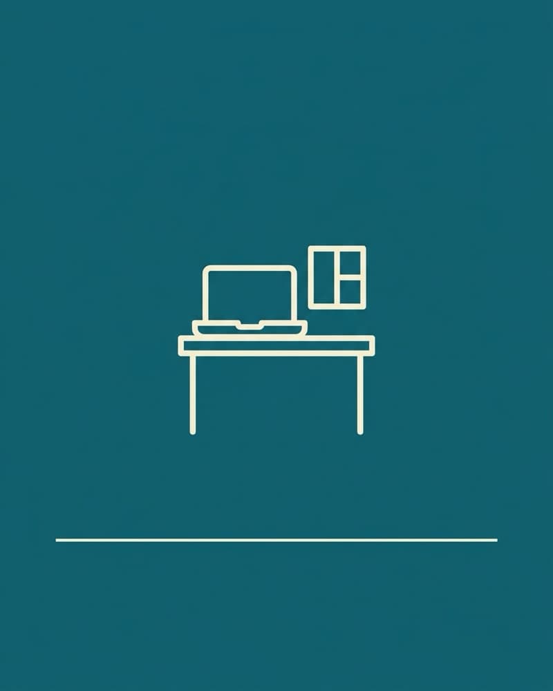 Line-icon cover art in cream on a teal background: a laptop on a desk beside a window