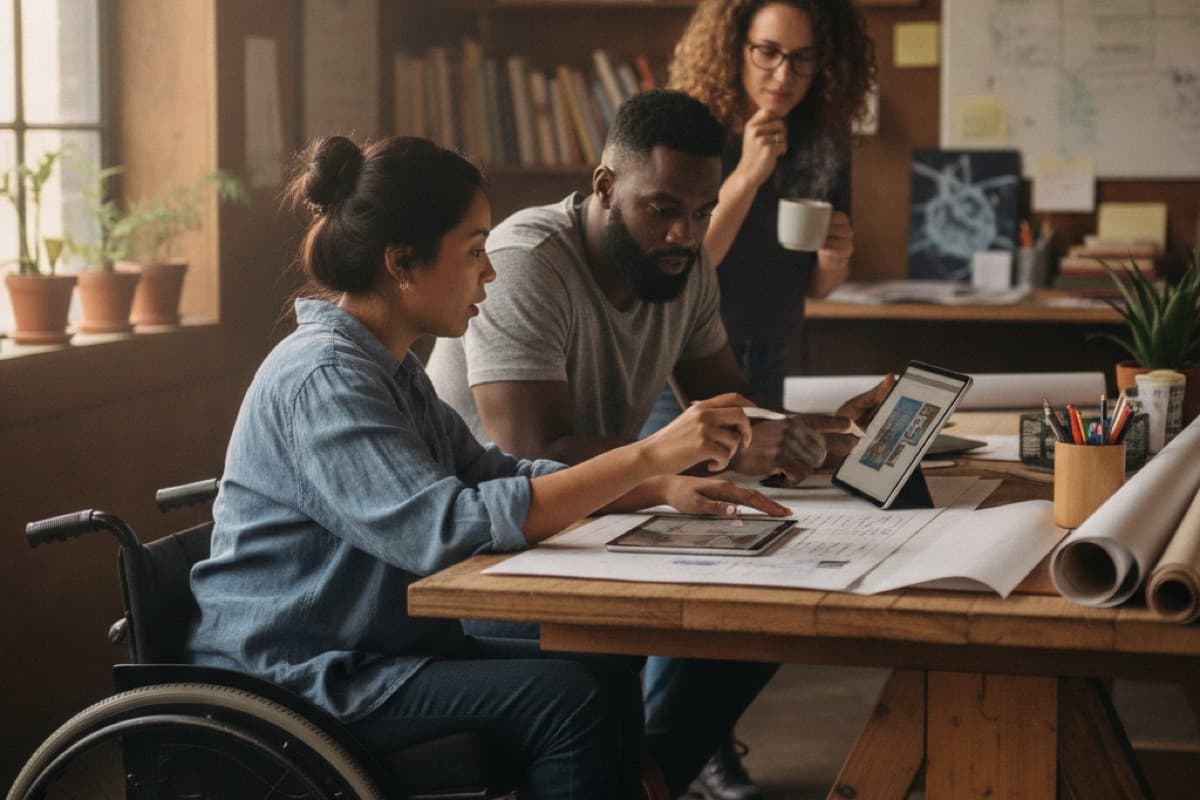 A woman using a wheelchair reviewing a tablet layout with a male colleague at a drafting table, a third colleague drinking coffee behind them