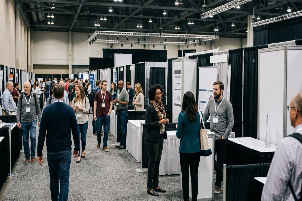 Attendees wearing conference badges talking in an exhibit hall aisle lined with poster-board booths