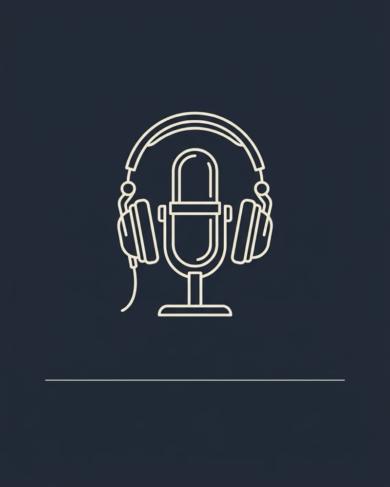 Line-icon cover art in cream on a dark navy background: a microphone on a stand wearing a pair of headphones