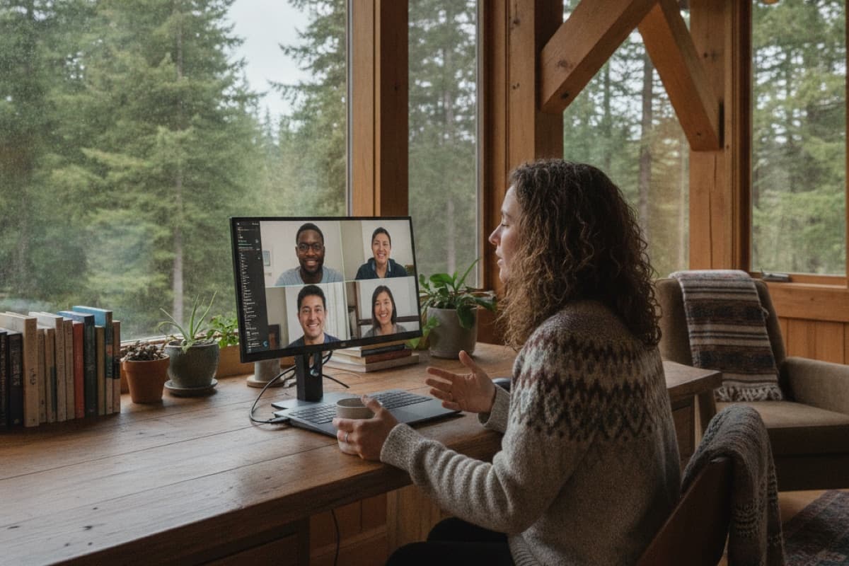 A woman speaking on a video call with four colleagues at a wooden desk