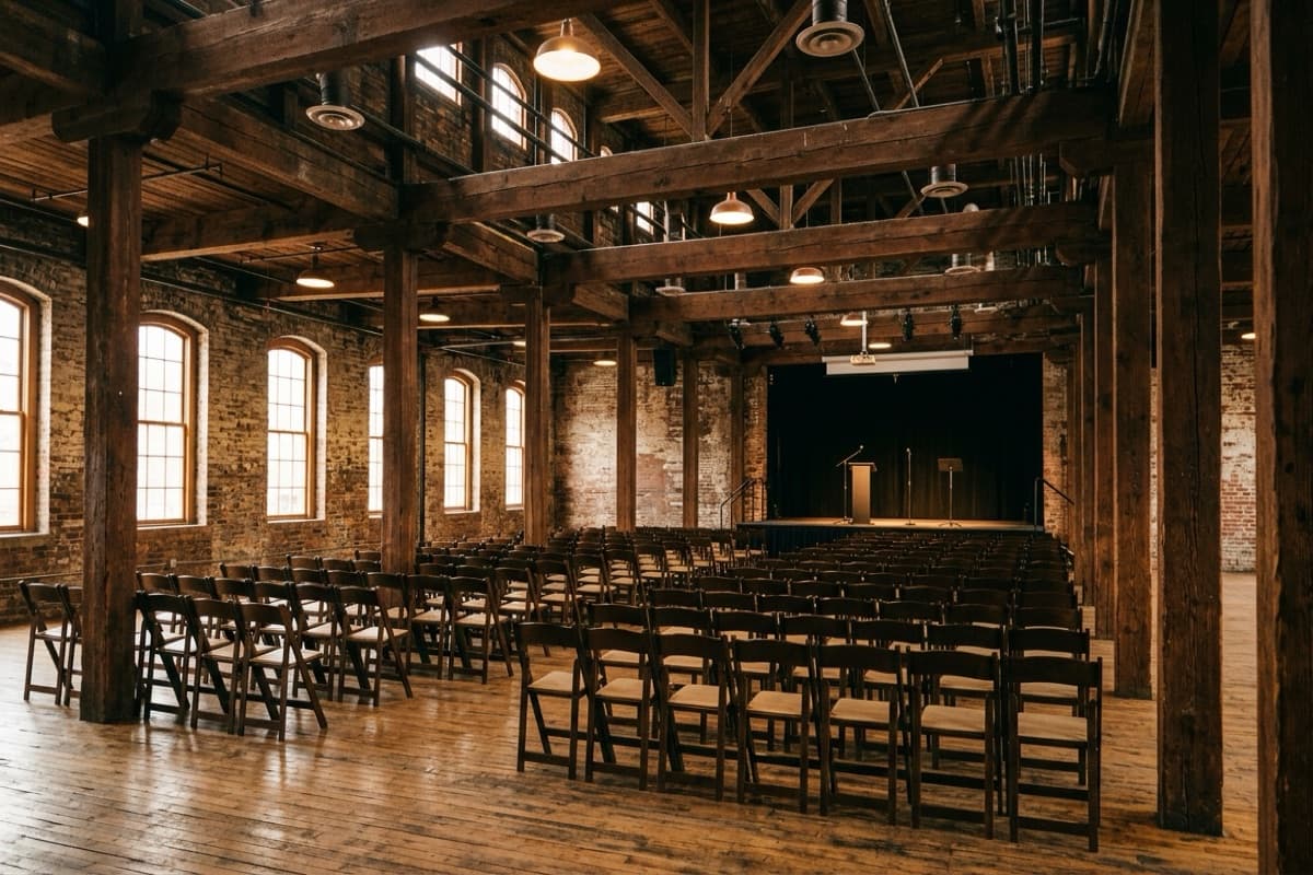 An empty converted mill event space with exposed brick, heavy timber beams, and rows of folding chairs facing a small stage