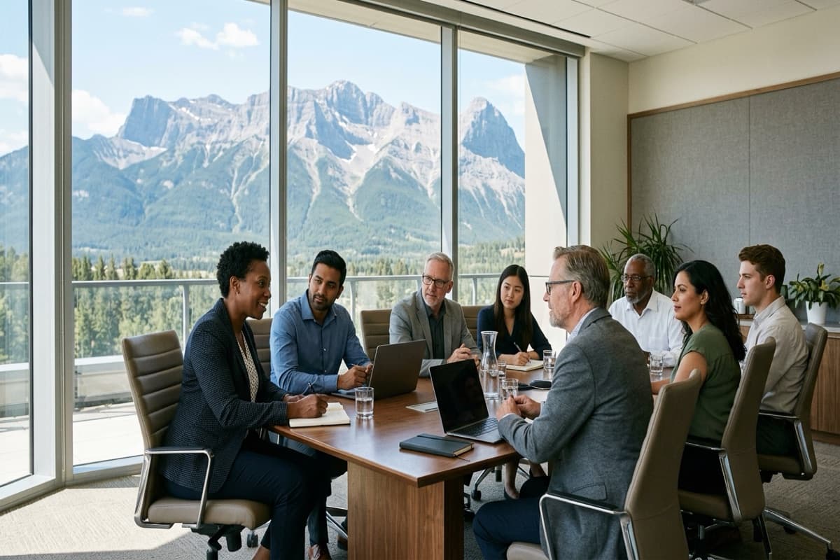Eight people at a conference table with laptops, floor-to-ceiling windows showing a snow-capped mountain range in summer light