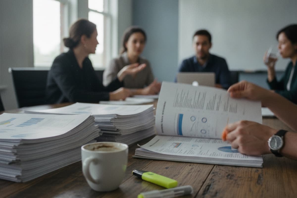 A stack of printed reports with charts beside a coffee cup and highlighters on a table, a hand turning pages while colleagues talk behind