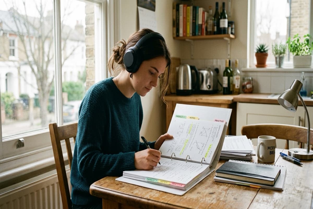A woman wearing headphones writing in an open study binder at a kitchen table, with a coffee mug and stacked notebooks