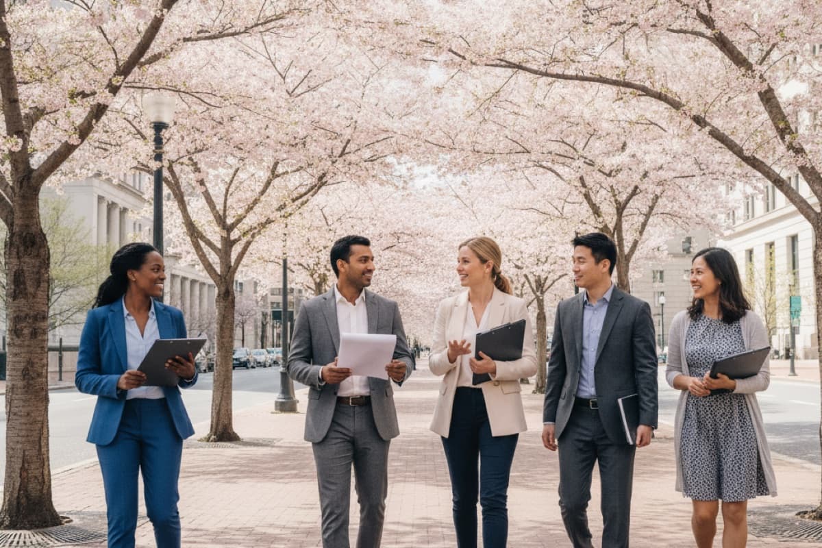 Five colleagues in business attire chatting while walking a brick sidewalk under a canopy of pink cherry blossoms, carrying papers and folders
