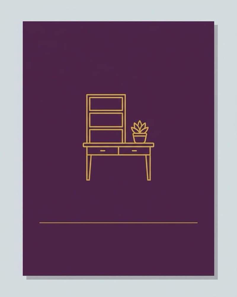 Line-icon cover art in gold on a deep plum background: an empty bookshelf above a desk with two drawers and a small potted plant
