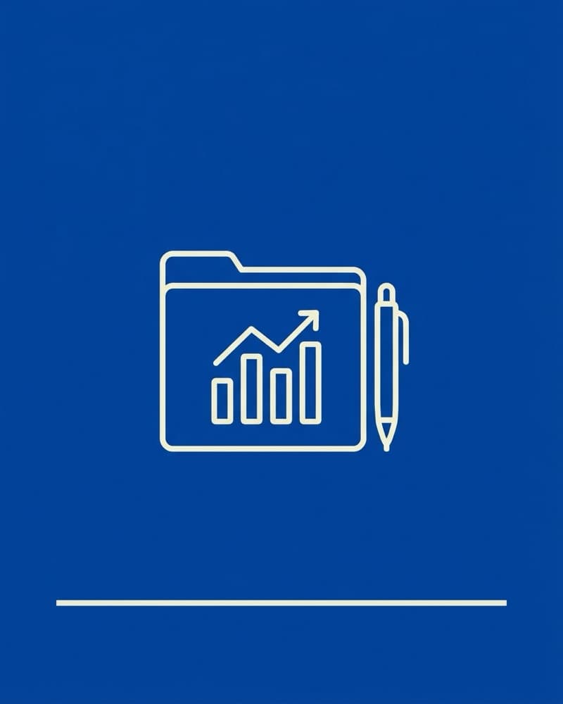 Line-icon cover art in cream on a blue background: a folder holding a page with an ascending bar chart, beside a ballpoint pen
