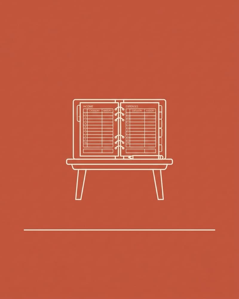 Line-icon cover art in cream on a terracotta background: an open ledger book labeled INCOME and EXPENSES on a slim three-legged stand