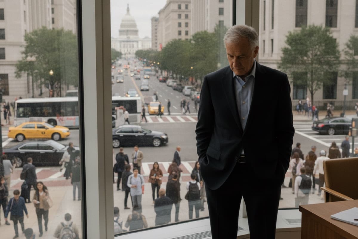 A gray-haired man in a suit standing at an office window
