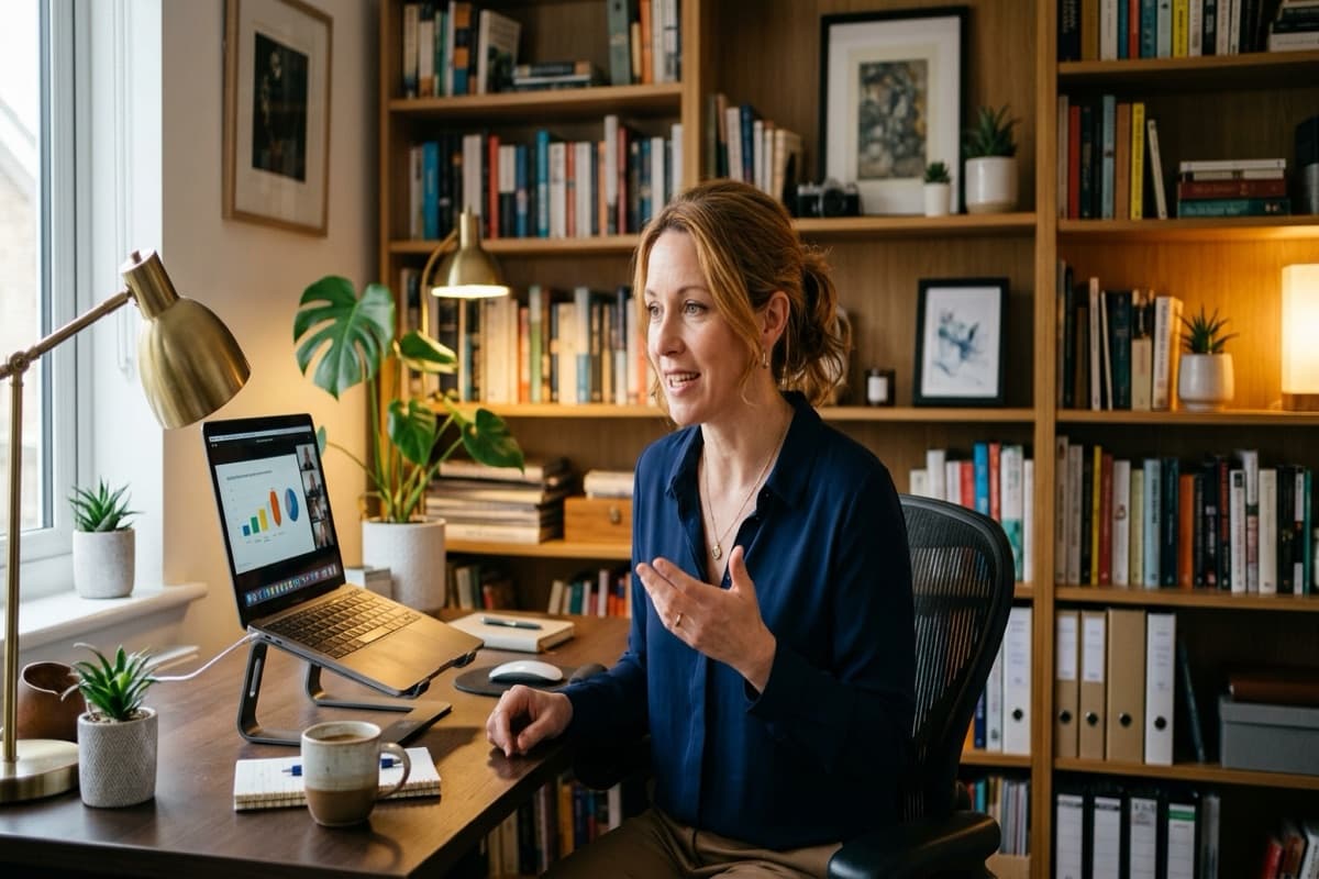 A woman speaking on a video call at a home desk, laptop showing bar and pie charts, bookshelves behind her