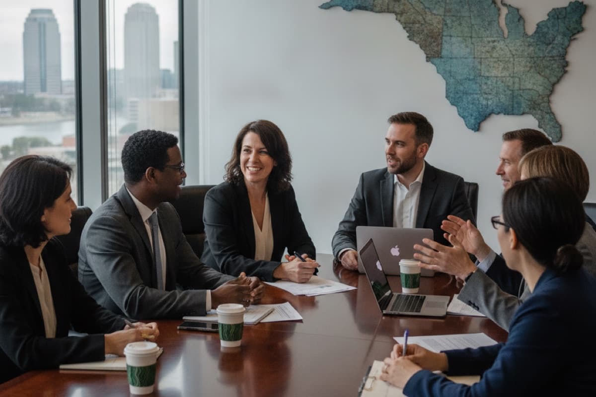 Seven colleagues discussing around a conference table in a high-rise office