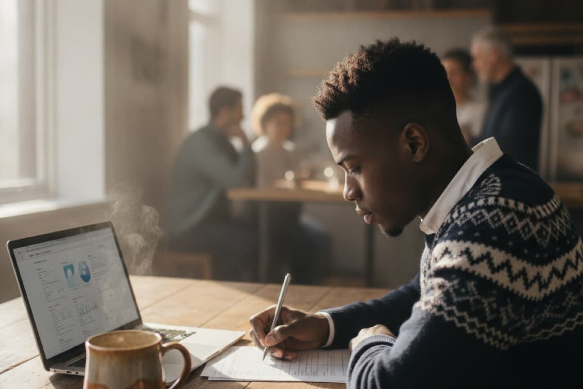 A young man writing on a printed form beside an open laptop and a mug at a café table, other patrons visible behind him